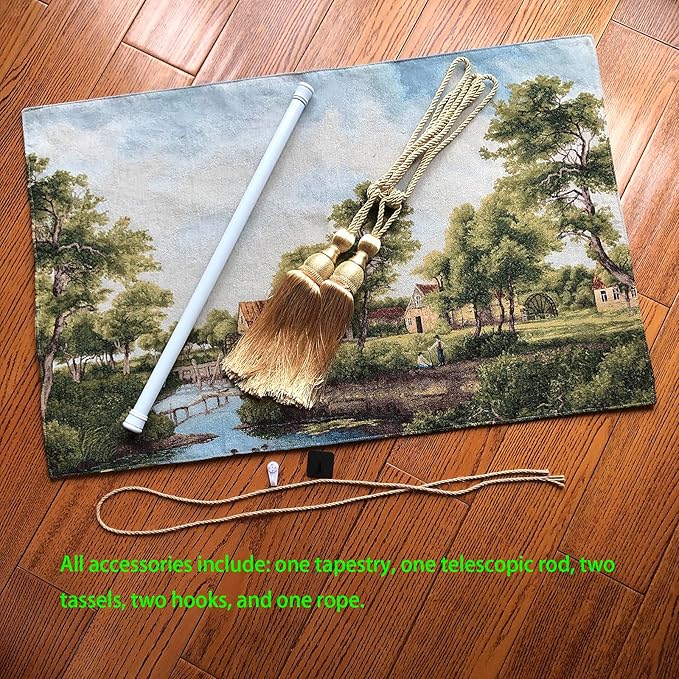 Vintage Nature Tapestry Wall Hanging Set with Telescopic Rod & Tassels - Jacquard Woven Fabric Aesthetic Country Landscape Wall Tapestry for Bedroom/Living Room Decor Green Art (42"x27") (Lush - green, idyllic village by the stream)