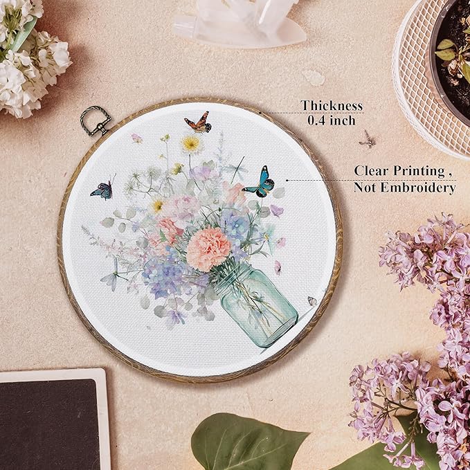FUGWN Pink floral Round Wall Art Decor Framed, Pastel Floral Bouquet Canvas Artwork Prints, Country Botanical Wildflower Wall Hanging Decorations for Home Bedroom Living Room, 10x10 Inch