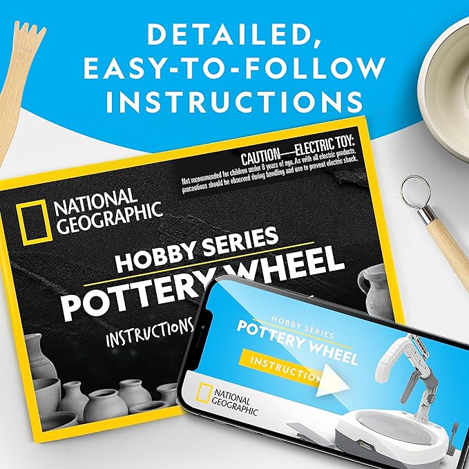 NATIONAL GEOGRAPHIC Hobby Pottery Wheel Kit - 8" Variable Speed Pottery Wheel for Adults & Teens with Innovative Arm Tool, 3 Lb Air Dry Clay & Art Supplies, Crafts for Adults, Craft Kits for Teenagers