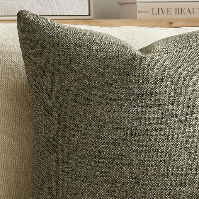 Meekio Set of 2 Linen Look Olive Green Pillow Covers 20x20, Decorative Throw Pillow Covers for Couch, Sofa, Bed & Living Room Decor