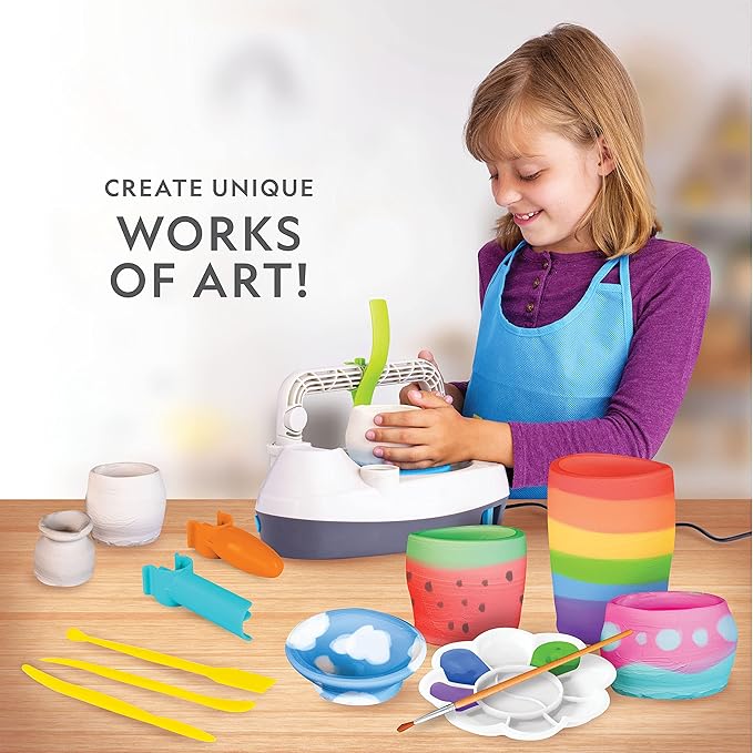 NATIONAL GEOGRAPHIC Deluxe Pottery Wheel Kit – Complete Starter Pottery Set, Plug-In Motor, 3 lbs. Air Dry Clay, Gemstone Chips, Sculpting Tools, Patented Arm Tool, Paints & More, Great Kids Craft Kit