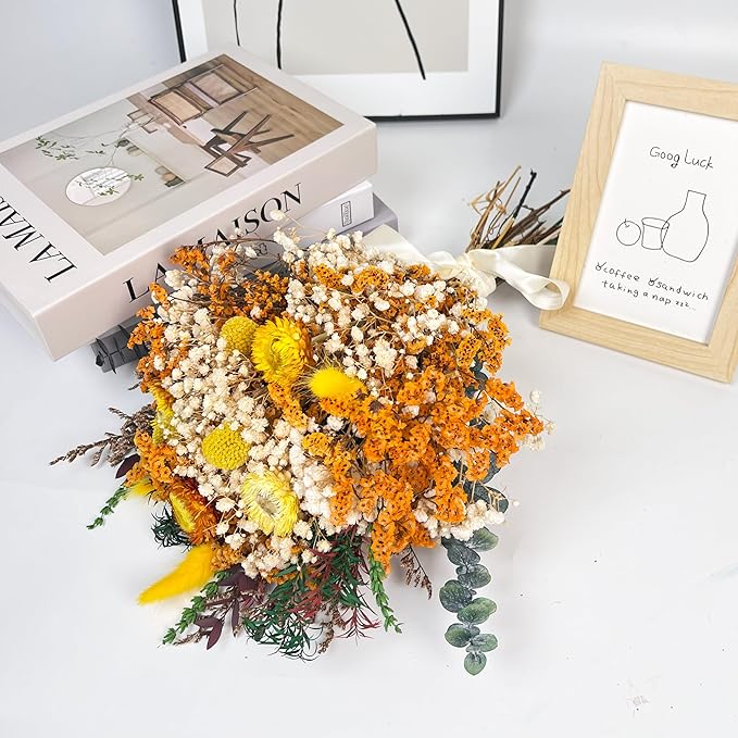 Handmade Dried Flower Bouquet – Natural Orange & Yellow Floral Arrangement with Baby’s Breath, Craspedia, and Eucalyptus – Rustic Boho Style for Home Decor, Weddings, Fall Decor