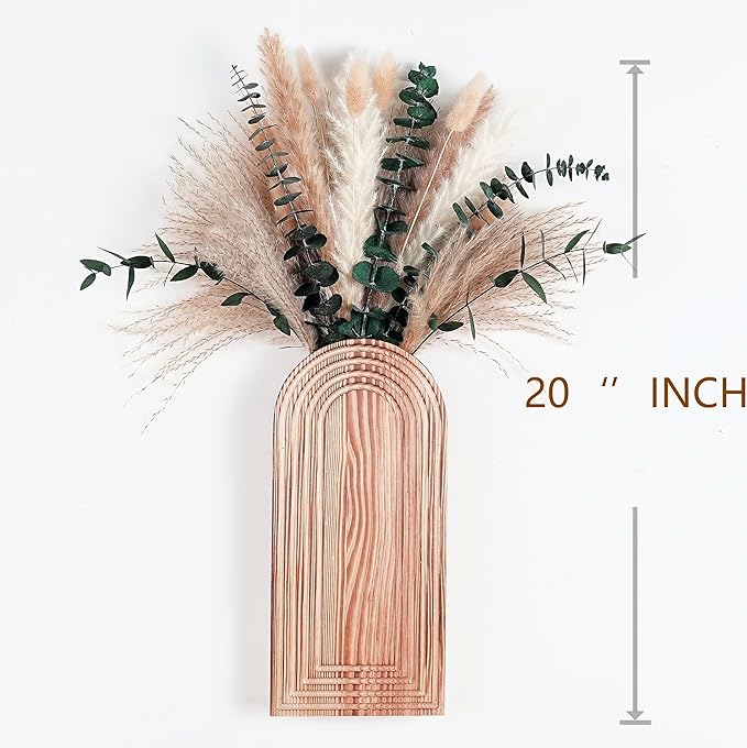 Set of 2 Wooden Vases with Pampas Grass and Eucalyptus – Boho Decor for Living Room, Modern Farmhouse Entryway or Bathroom, Rustic Art for Home Decoration