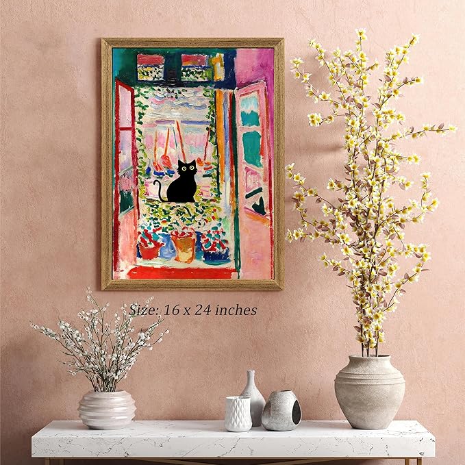 Fantasy Artists Henri Matisse Cat Wall Art, Framed Open Window Black Cat Canvas Poster Prints, Abstract Aesthetic Wall Decors for Living Room, Oil Paintings for Room Bathroom Decorations 16" X 24"