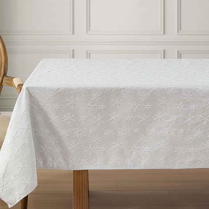 Laura Ashley Tablecloth Raised Woven Embroidered Jacquard Fabric, Wrinkle Resistant for Dining, Holiday, Party, Wedding or Banquet, 60" x 102", Snowflake Silver