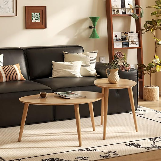 Wayshome 100% Solid Oak Wood Nesting Coffee Table, Small Oval Coffee Tables Set, Mid Century Modern Round Tables for Living Room, Pebble Side Table for Balcony (Nature, Combine)