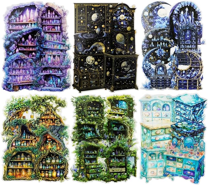 Magic Cabinet PET Stickers Set, 60PCS Fantasy Journal Stickers for Scrapbooking DIY Crafts Planner
