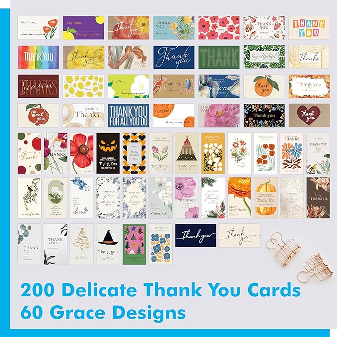 Gethelud 200 PCS Thank You Cards, 60 Delicate Designs For All Occasions, Small Thank You Cards for Business Gifts, Parties, Weddings, and Any Occasion (2” x 3.5”)