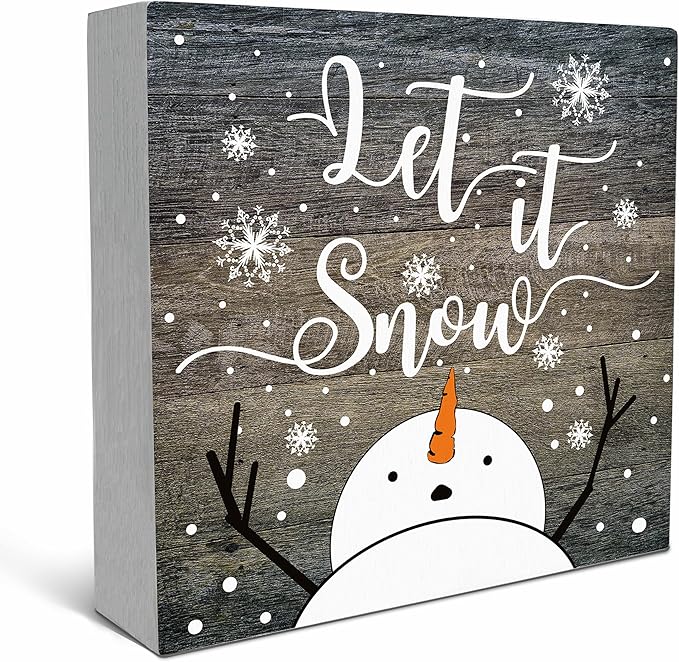 SRADMO Let It Snow Christmas Wooden Sign Desk Decor, Snowman Christmas Decor, Rustic Winter Snowflake Wood Block Signs for Home Office Xmas Party Holiday Desk Table Shelf Decorations, 5x5 Inches