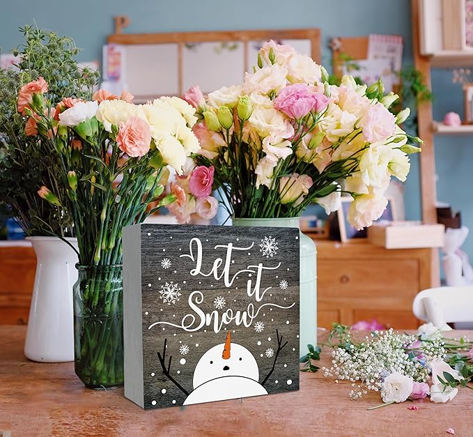 SRADMO Let It Snow Christmas Wooden Sign Desk Decor, Snowman Christmas Decor, Rustic Winter Snowflake Wood Block Signs for Home Office Xmas Party Holiday Desk Table Shelf Decorations, 8x8 Inches