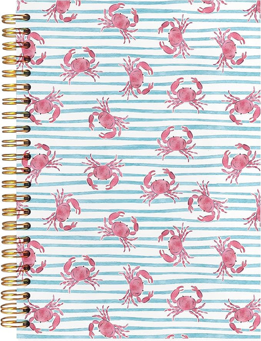 Coastal Beach Crab Notebook, Blue Striped Summer Ocean Beach Crab Gifts Journal Journaling for Women Spiral Notebooks, Nautical Ocean Hardcover Spiral Notebooks, 5.5x8.3 Inch