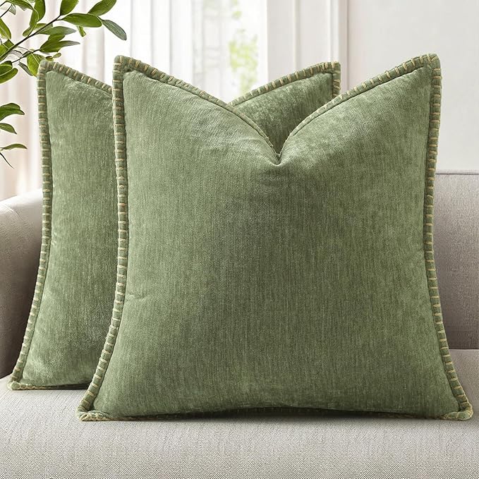 decorUhome Spring Chenille Soft Throw Pillow Covers 18x18 Set of 2, Farmhouse Velvet Neutral Decorative Pillow Covers with Stitched Edge for Couch Sofa Bed Home Decor, Olive Green