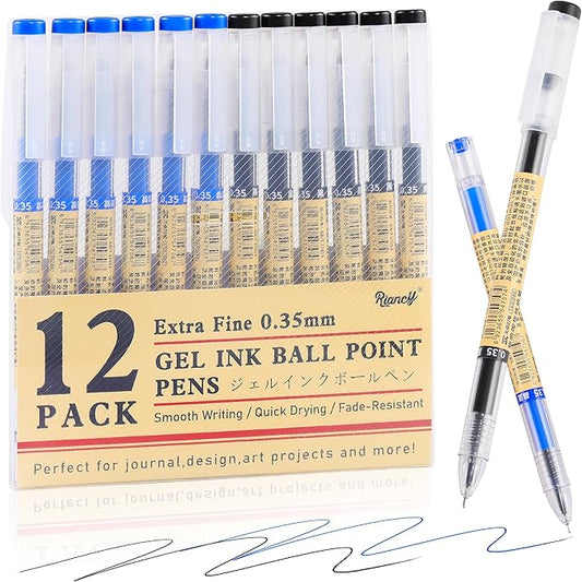 RIANCY 12 Pack Gel Ink Pens (6 Black + 6 Blue), 0.35mm Extra Fine Point Tip, Japanese Style Quick Dry No Smear No Bleed Smooth Writing Rollerball Pen for Journaling Note Taking Office School Supplies