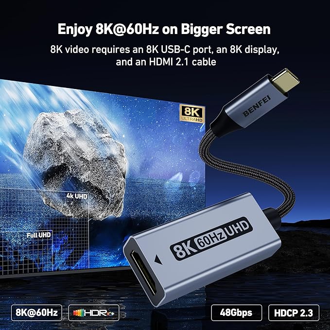 BENFEI USB C to HDMI 2.1 Adapter (8K@60Hz, 4K@240Hz, Aluminum Shell, Nylon Braided) Compatible with iPhone 15/16 Pro/Max, MacBook Pro/Air 2023, iPad Pro, Surface Book 2 More