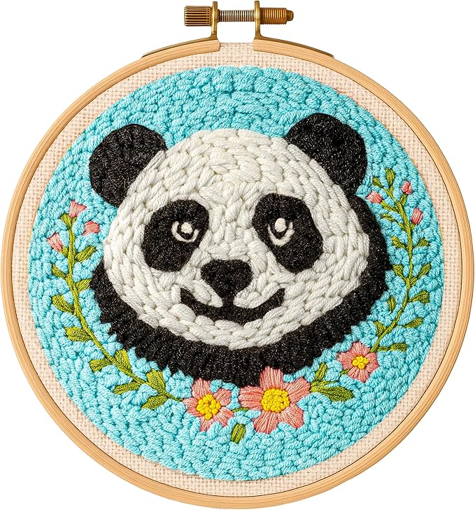 TEKWAVE Punch Needle Kit for Adults Beginners Cute Panda Design, Step-by-Step Video Pre-Printed Pattern and Written Instructions, DIY Embroidery Set with Yarn, Fabric, Hoop for Home Decor Crafts