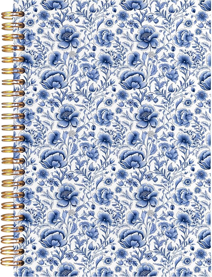BearCake Blue Chinoiserie Grandmillennial Notebook Journal, Blue Floral Aesthetic Notebook, Chinoiserie Journal, Blue Aesthetic Office Supplies, Notebooks for Work, Hardcover Spiral Notebook 5.5x8.3