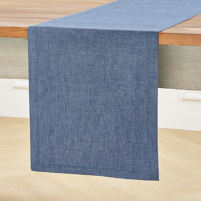 Solino Home Linen Table Runner 120 Inches Long - Athena, 100% Pure Linen Blue Denim Dining Table Runner 14 x 120 Inch for Winter, Spring, Easter