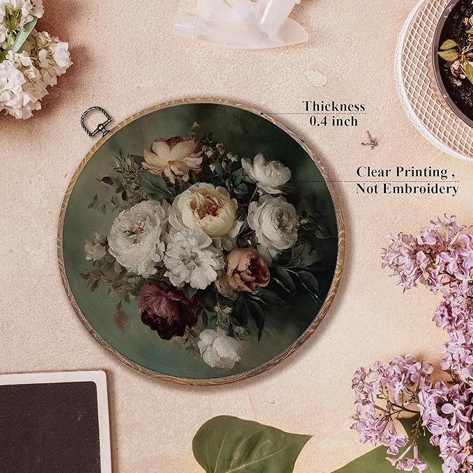 FUGWN Vintage Floral Round Wall Art Decor Framed, Antique Floral Canvas Artwork Prints, Retro Cottagecore Farmhouse Flower Wall Hanging Decorations for Home Bedroom Living Room, 10x10 Inch
