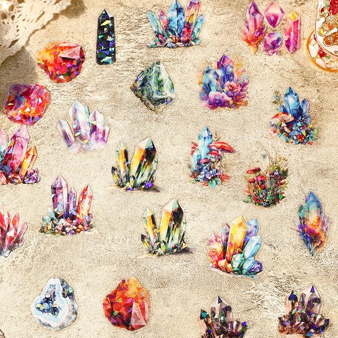 160-Piece Holographic Glitter Fantasy Crystal & Gemstone Sticker Pack – Waterproof Transparent Colorful Watercolor Crystals, Mystical Gems Stickers for Scrapbooking, Journals, Resin Art Supplies