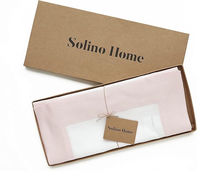 Solino Home Linen Table Runner 108 Inches Long - 100% Pure Linen Blush Pink and White Dining Table Runner 14 x 108 Inch for Valentines, Spring, Easter - Contempo
