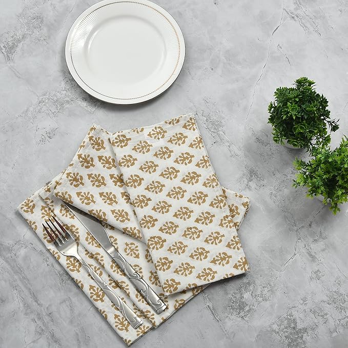 CPC Cloth Napkins Set of 4 Cotton Printed Dinner Hand Print Napkins I Wedding Cocktail Cloth Floral Napkins I 18x18 in I Yellow Flower
