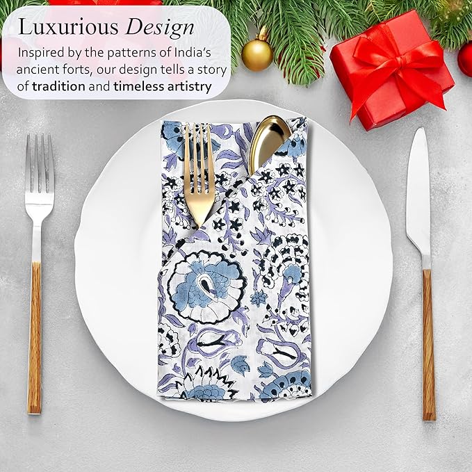 CPC Cloth Napkins 100% Cotton Set of 4 Reusable Napkins, Indian Block Print Toile Floral Dinner Napkin, Fall Thanksgiving Christmas Holiday Party Gift - Soft Absorbent Napkin, 18"x18" Indigo Blue