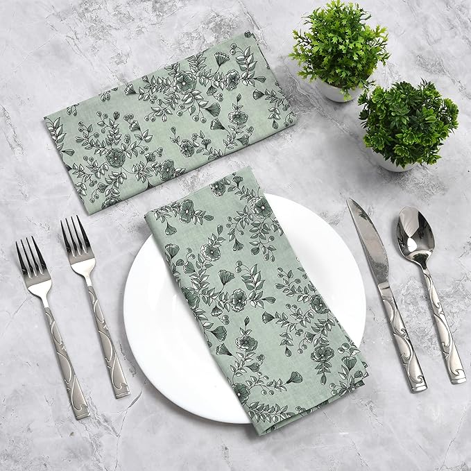 CPC Cloth Napkins 100% Cotton Set of 4 Reusable Napkins, Indian Block Print Toile Floral Dinner Napkin, Fall Thanksgiving Christmas Holiday Party Gift - Soft Absorbent Napkin, 18"x18" Laurel Green