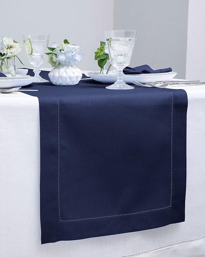 Solino Home Linen Navy Blue Table Runner 108 Inches Long - 100% Pure Linen 14 x 108 Inch Table Runner for Easter - Classic Hemstitch