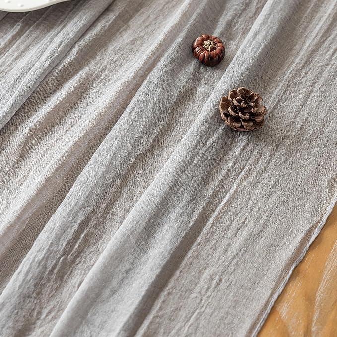 Keketoarrange 3pcs Grey Gauze Rustic Cheesecloth Table Runner 120 Inch 10 FT for Wedding Baby Shower Bridal Shower Birthday Engagement Garden Outdoor Party Long Sheer Boho Decorations