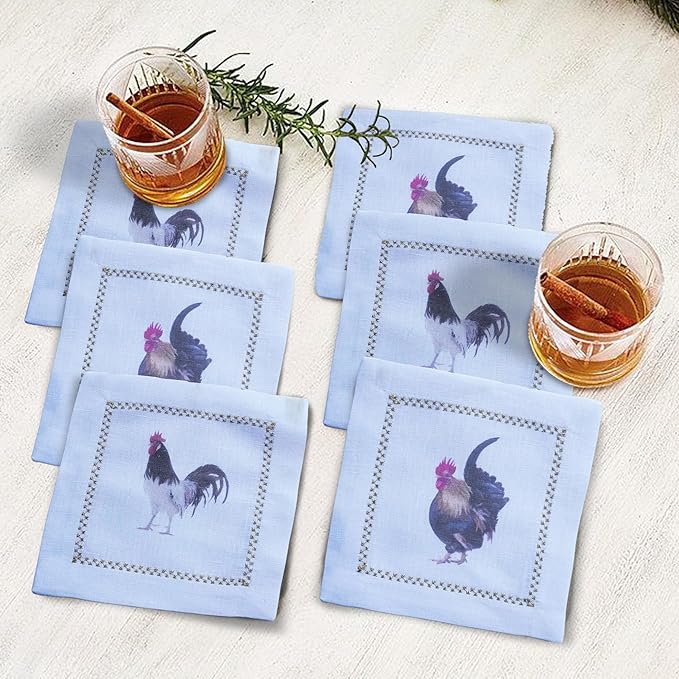 Cocktail Napkins Set of 6, 6x6 inch, 100% Linen, Printed Animal Pattern, Reusable & Washable Cloth Coasters for Beverages, Hosting, Gifting & Everyday Use (Rooster)