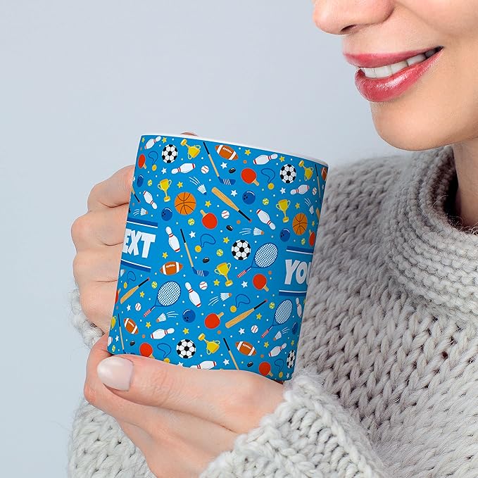 Personalized Mug for Kids - Sports - Custom Name/Text, Ceramic Hot Chocolate/Cocoa/Coffee Cup for Boys/Girls, Birthday/Christmas/Holiday Gift - 15 oz, Light Blue Handle