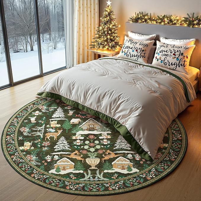 jinchan Round Christmas Rug for Dining Room 8ft Green Circle Holiday for Living Room Printed Christmas Tree and Cabin Rug 8' Soft Indoor Carpet for Bedroom Washable Non-Slip Winter Xmas Decor