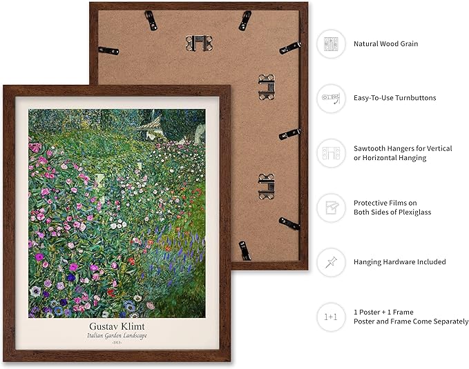Poster Master Vintage Gustav Klimt Poster - Retro Italian Garden Landscape Print - Art Nouveau - Floral Art - Botanical Art - Classic Painting - Aesthetic Living Room Decor - 8x10 Brown Framed