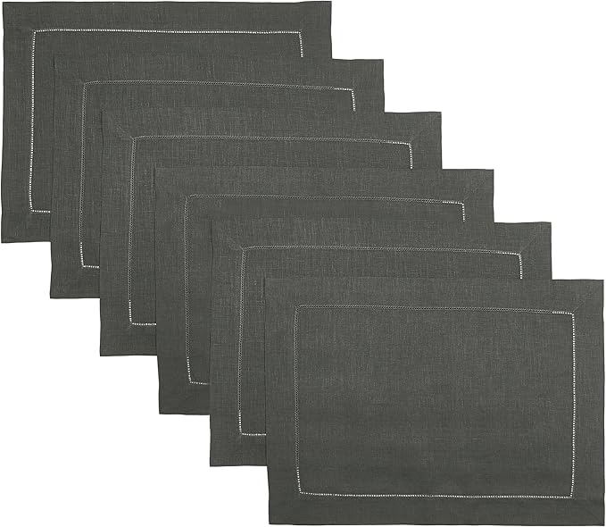 D'Moksha Homes Linen Placemats Set of 6 - Classic Hemstitch Charcoal Grey Placemats 14 x 19 Inch - 100% Pure Linen Table Mats for Spring, Easter - Handcrafted and Machine Washable