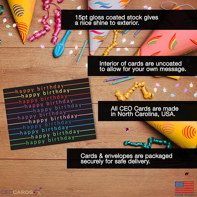 Happy Birthday Cards Bulk Greeting Card Set (Colorful Day) 18 Pack & White Envelopes - 5x7 Inch Birthday Theme for Family, Women, Men, Coworkers & Office (B2406)