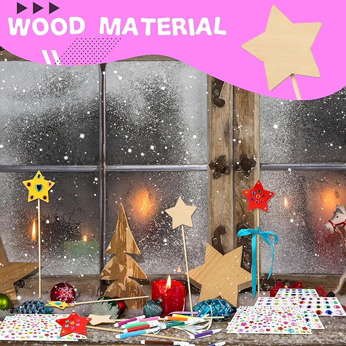 72 Pcs Unfinished Star Princess Fairy Wands Kit Make Your Own Princess Wand DIY Art Craft Magical Wand Include 24 Star Wooden Fairy Wands 12 Gem Stickers 24 Ribbons 12 Markers for Kids Party Supplies
