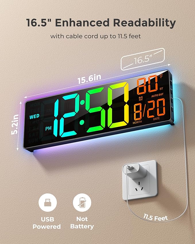 16.5" Large Digital Wall Clock with BT Sync, RGB Lights with 11 Scenes Mode Remote Control, Big LED Clock with Dual Alarms, Auto DST, Temperature for Classroom Gaming