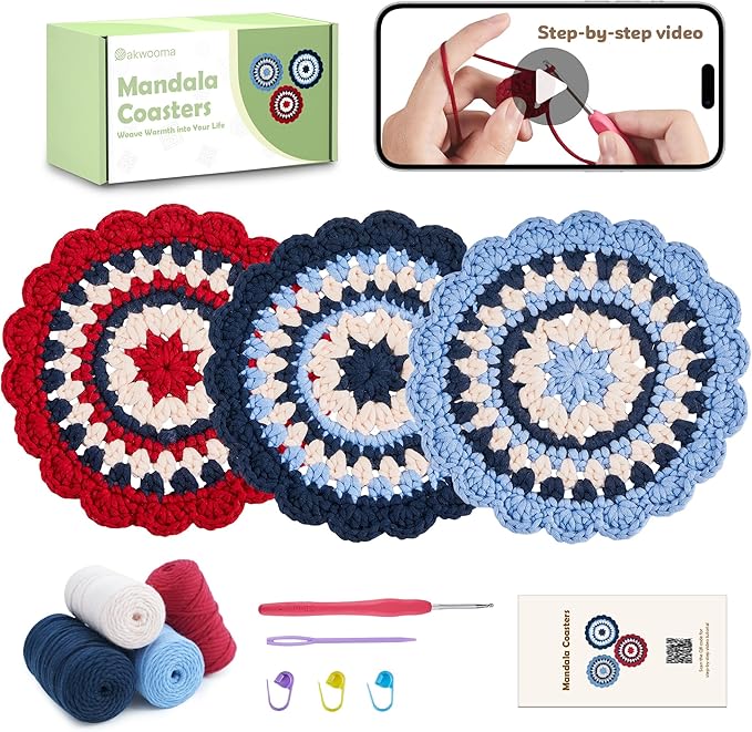 OAKWOOMA Crochet Kit for Beginners, Easy Arts and Crafts Knitting & Crochet Coaster Kit with Step-by-Step Video Tutorials, Crochet Starter Kits for Adults, Teens, Kids (Mandala)