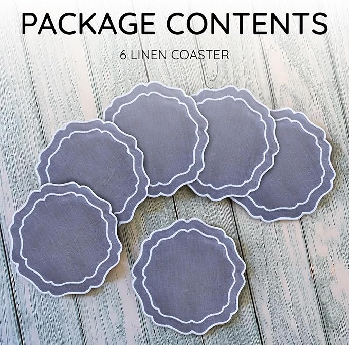 Drink Coasters Set of 6, 6x6 inch, Absorbent Linen Drink Mats with Scalloped Edge, Reusable Handmade Coffee Coasters for Home Decor & Tabletop Protection & Gift Giving (Charcoal)
