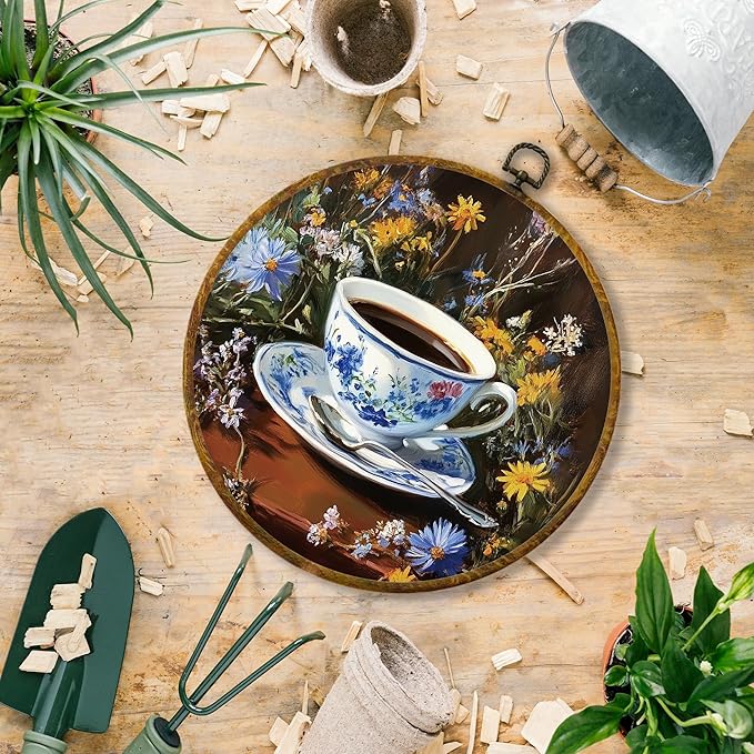 Hiuwevt Chinoiserie Floral Coffee Round Wall Art Decor, Blue and White Ceramic Coffee Cup Hanging Canvas Prints Artwork Framed, Retro Cottagecore Circular Wall Decor for Home Kitchen, 10x10 Inch
