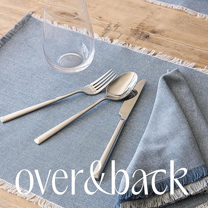 Over&Back Set of 4 Woven Frayed Chambray Placemats - Colorful Dining Table Mat - Hand-Finished Frayed Edges - 100% Cotton - Machine Washable - Kitchen and Home Decor - Blue - 14" L X 20" W