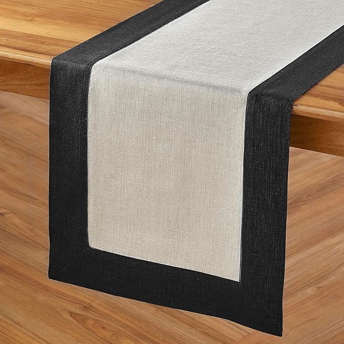Solino Home Linen Table Runner 36 Inches - 100% Pure Linen Black and Natural Short Table Runner 14 x 36 Inch Ideal for Dresser and Coffee Tables - Contempo - Winter