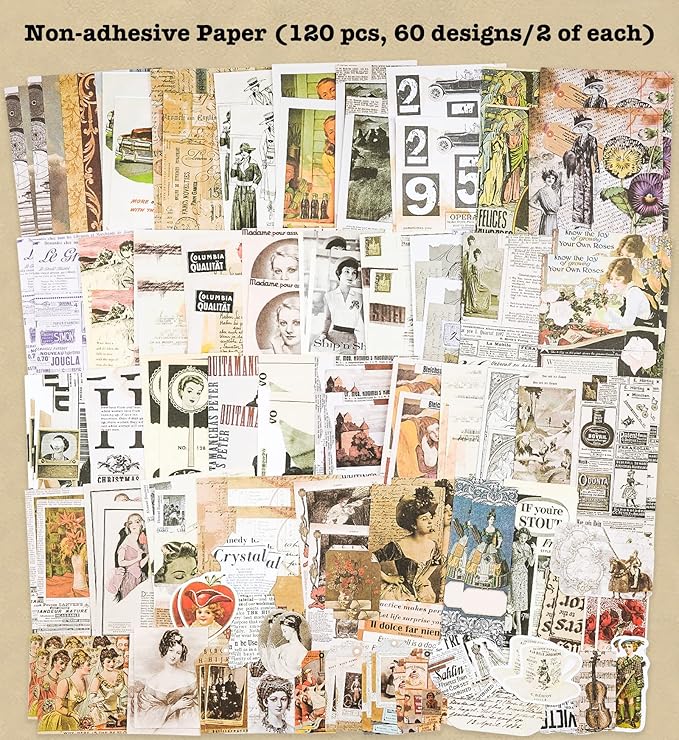 Knaid 200 Pieces Vintage Ephemera Pack Decoupage Paper Junk Journal Kit Scrapbook Planner Sticker Supplies for Art Journaling Bullet Journals Collage Craft Notebooks Album Crafter Gifts (Retro Style)
