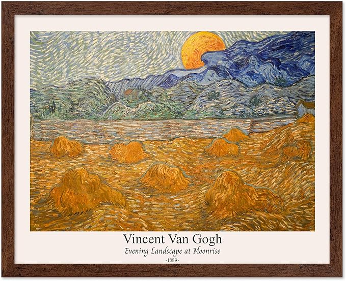 Monem Art Vintage Van Gogh Poster - Retro Evening Landscape at Moonrise Print - Impressionism Art - Fine Art - Classic Painting Art - Aesthetic Living Room Wall Decor - 16x20 Brown Framed