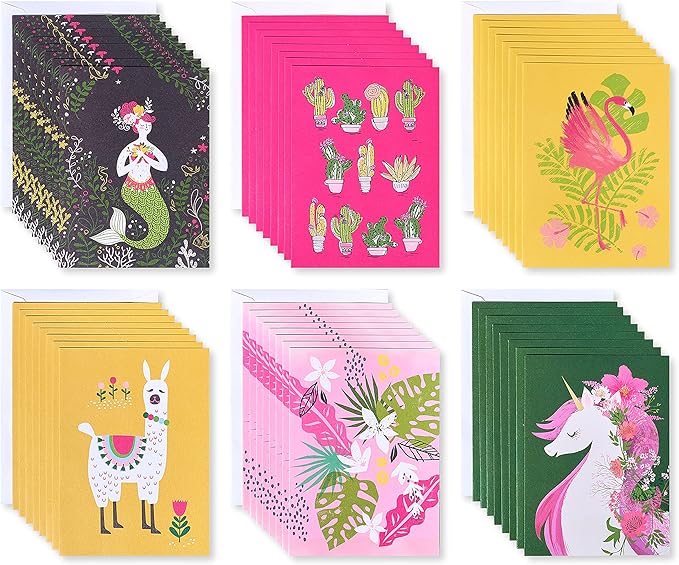 American Greetings Blank Cards with Envelopes for All Occasions, Unicorn, Floral, and Mermaids (48-Count)