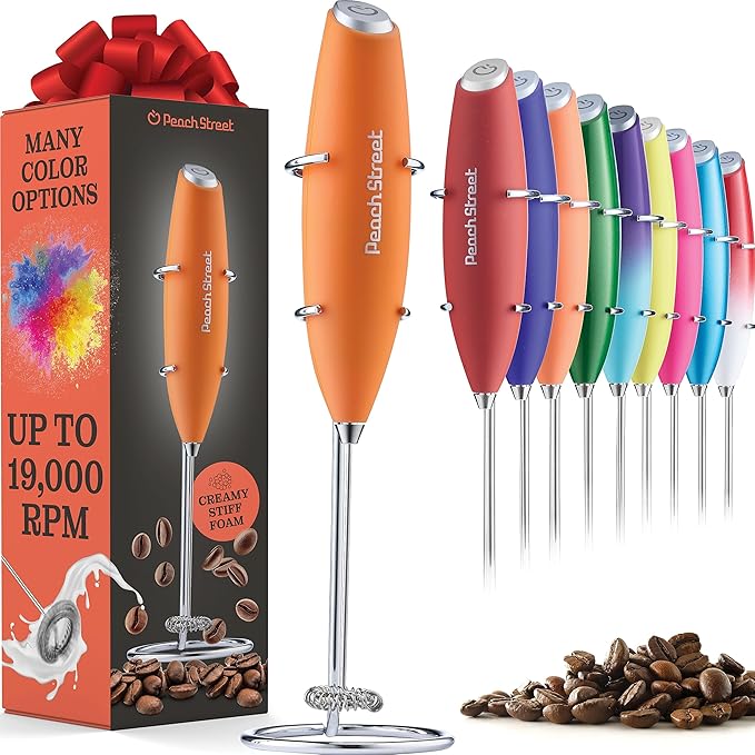 Powerful Handheld Milk Frother, Mini Milk Foamer, Battery Operated Stainless Steel Drink Mixer with Frother Stand