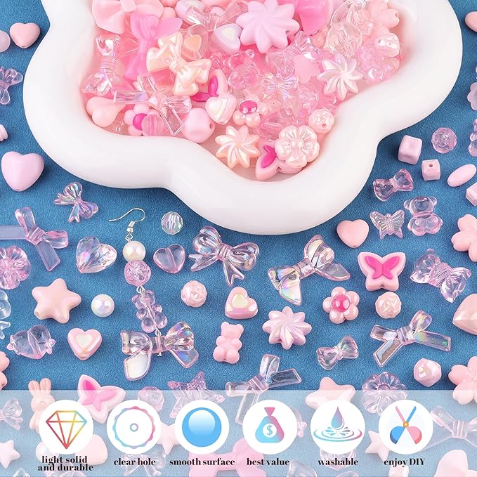 200-260PCS TINKRSTUFF Assorted Acrylic Beads Pink Cute Beads for Bracelet Making, Bow Aesthetic GummyBear Flower Candy Butterfly Kawaii Charms for Jewelry Making DIY Necklace Keychain Phone Charm