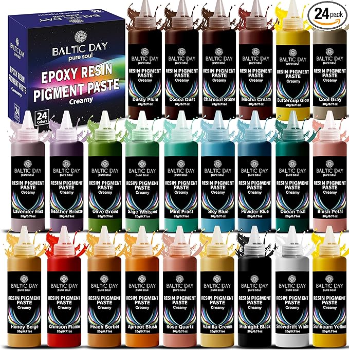 24 Colors Epoxy Resin Pigment Paste Set – High Concentration Creamy Opaque Epoxy Dye & Coloring Paste Kit for Resin Art, Jewelry Making, Tumblers, River Tables, Coasters – Mica Powder Alternative