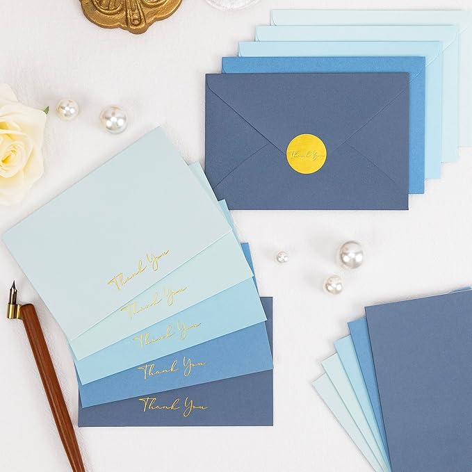 Crisky Blue Thank You Cards with Envelopes & Stickers， 50 Pack Bridal Shower Graduation Thank You Cards Small Business, Wedding Baby Shower Birthday Funeral Notes Bulk