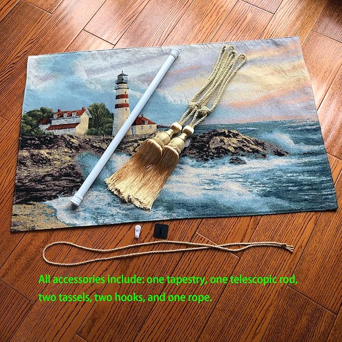 Vintage Nature Tapestry Wall Hanging Set with Telescopic Rod & Tassels - Jacquard Woven Fabric Aesthetic Country Landscape Wall Tapestry for Bedroom/Living Room Decor Green Art (42"x27") (Vibrant - coastal, lighthouse by crashing waves)